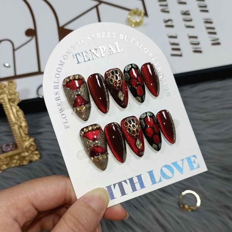 TENPAL 10Pcs Handmade Press On Nails Almond,Gothic Siren Fake Nails with Dramatic Cat Eye & Crimson Glow,Edgy Red & Black Glue on Nail Set with Tools,Glossy Vampy Nails for Concerts Night Events(M)