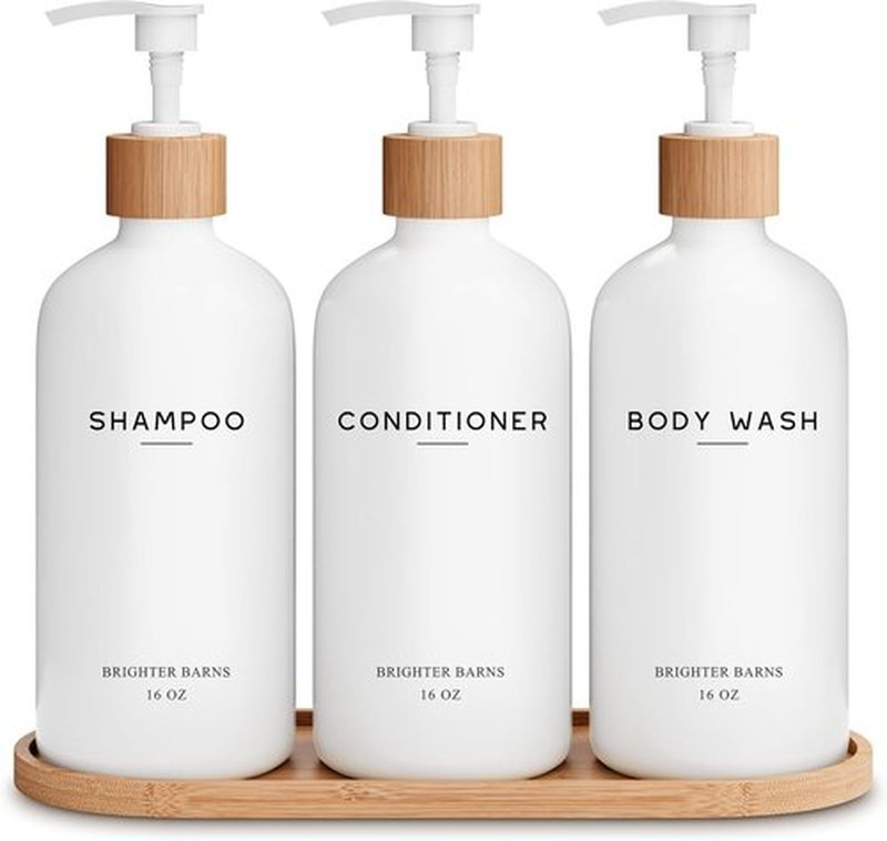 Brighter Barns White Shampoo and Conditioner Dispenser Set - Stylish Shower Pump for Bathroom Decor | Ideal for Hotels and Airbnbs