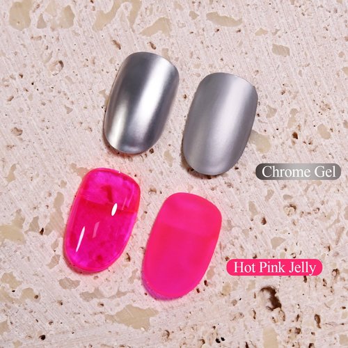 Imtiti Metallic Gel Nail Polish Set, 2 Pcs 10ml Chrome Mirror Shine gel polish & Hot Pink Jelly GEl POlish Soak Off UV LED Spring Summer Nail Art Manicure Salon DIY Design Kit