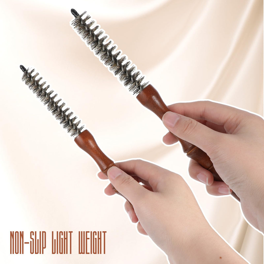 2pcs Small Round Brush Wooden Handle Boar Bristle Round Brush for Short Hair Roller Quiff Hair Combs Portable Travel Circular Hairbrush for Women Men Bangs Roots Straight Curling Mustache Brushs