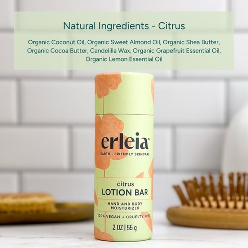 Erleia Travel-Friendly Lotion Bar, Vegan Cruelty-Free Plastic-Free, Sustainably Sourced Ingredients, Solid Moisturizer for On-the-Go Skincare, Citrus