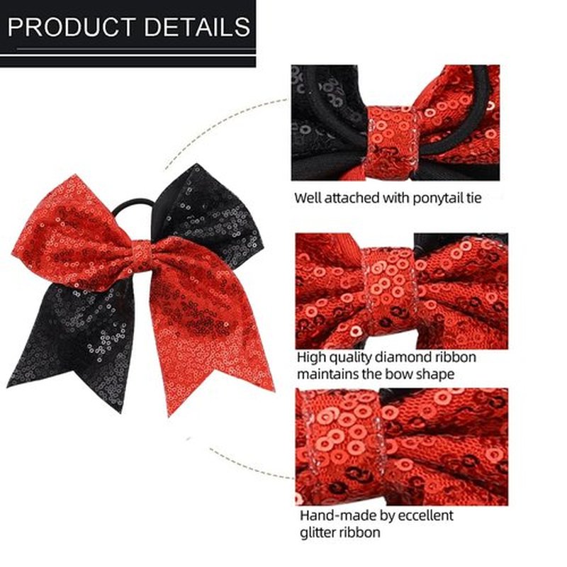 Large Sequin Glitter Cheer Hair Bows,Sparkly Bows Ponytail Holder Elastic Band for Cheerleading Teen Girls College Sports (Red Black)