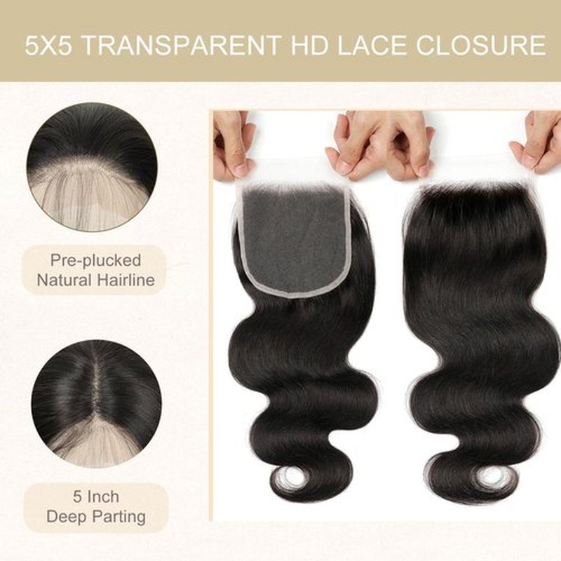 5x5 HD Lace Closure Human Hair Body Wave Transparent HD Lace Closure Human Hair Pre- plucked Natural Hairline (10Inch,Natural Color)