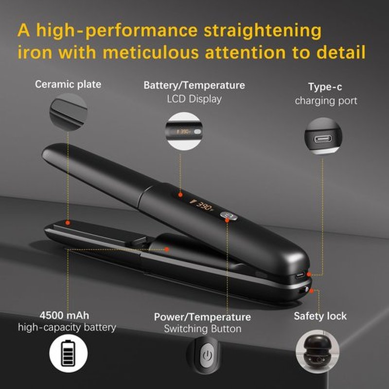 Cordless Hair Straightener Curler 2 in 1 Ceramic Flat Iron Mini Portable Fast Heating 30s 4500mAh Battery 4 Temp Adjustments LCD Display USB Rechargeable for Women Men with Pouch (Black)