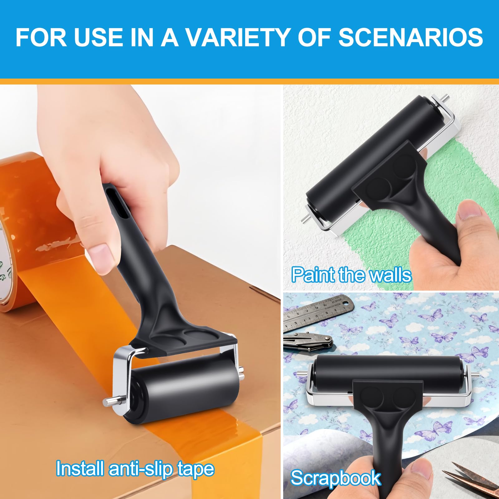 Wlivxch 2Pcs Hard Rubber Brayer Rollers (4 Inch and 2.2 Inch) for Printmaking, Ink Printing, Gluing Application, Stamping, Boat Flooring and Wallpaper Installation - Black Tool