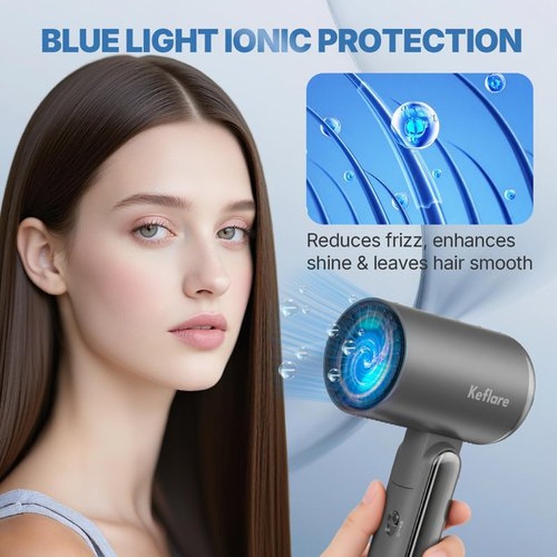 Keflare Hair Dryer 1800W Ionic Fast-Drying with Diffuser & Concentrator Nozzle for Curly Hair, Mini Blow Dryer with Compact Design, Foldable, Lightweight, Portable for Home & Travel