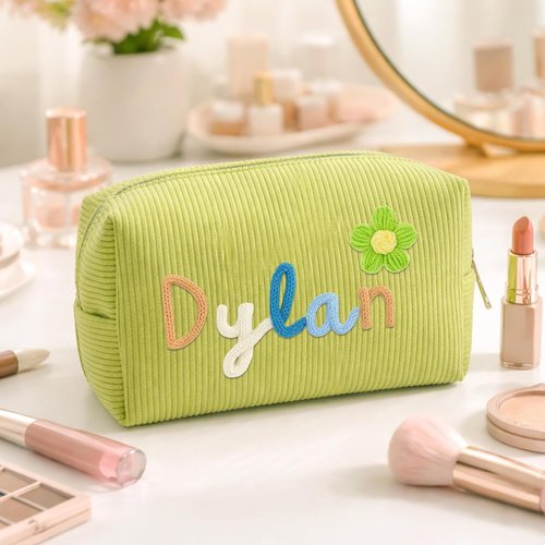 KAINSY Personalized Corduroy Makeup Bag - Custom Name & Pattern Design | Small Travel Cosmetic Pouch