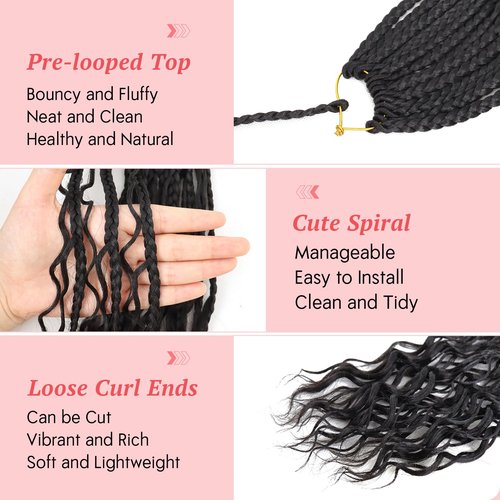 Eeanno Goddess Box Braids Crochet Hair for Black Women 24 Inch 7 Packs Natural Black Boho Hair Pre Looped Crochet Box Braids with Curly Ends, 1B