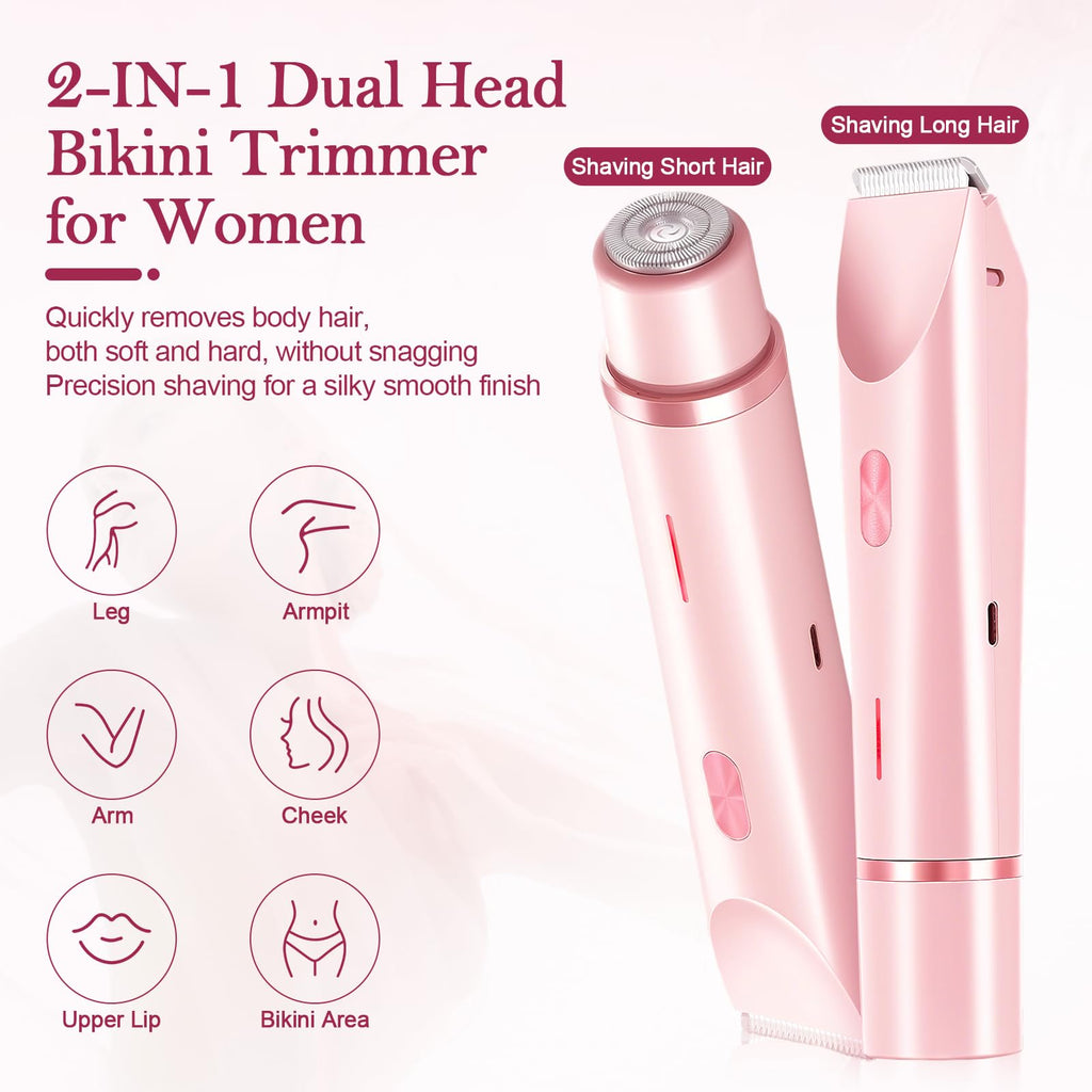 GlossLuxe Bikini Trimmer for Women, 2-in-1 Dual Head Shaver Women, IPX7 Waterproof Gentle Electric Razors for Sensitive Areas, Cordless Hair Removal for Shower & Travel, Holiday Gift (Pink)