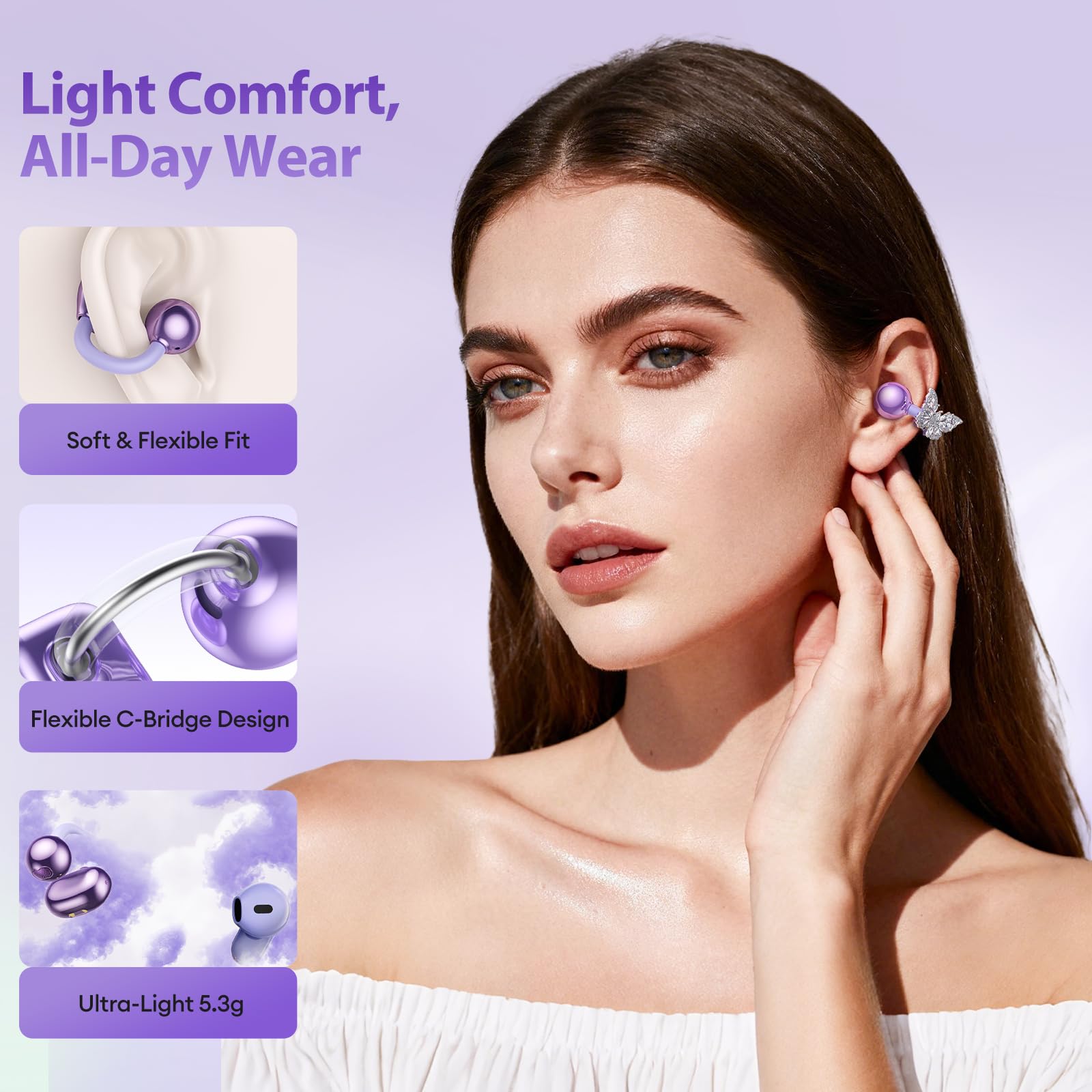 PAXA 3 in 1 Ctbuds Stylish Jewelry-Style Clip on Open Ear Headphones Wireless Earbuds, Instant Earring Mode, Ultra-Long 140H Play, Bluetooth 6.0, All-Day Wear for Work Fitness Daily Use, Purple