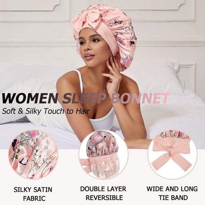 NAHOSY Satin Silk Bonnet for Sleeping Women, Reversible Double Layer Soft Satin Lined Hair Bonnet with Tie Band Night Sleep Cap for Curly Hair (Pink)
