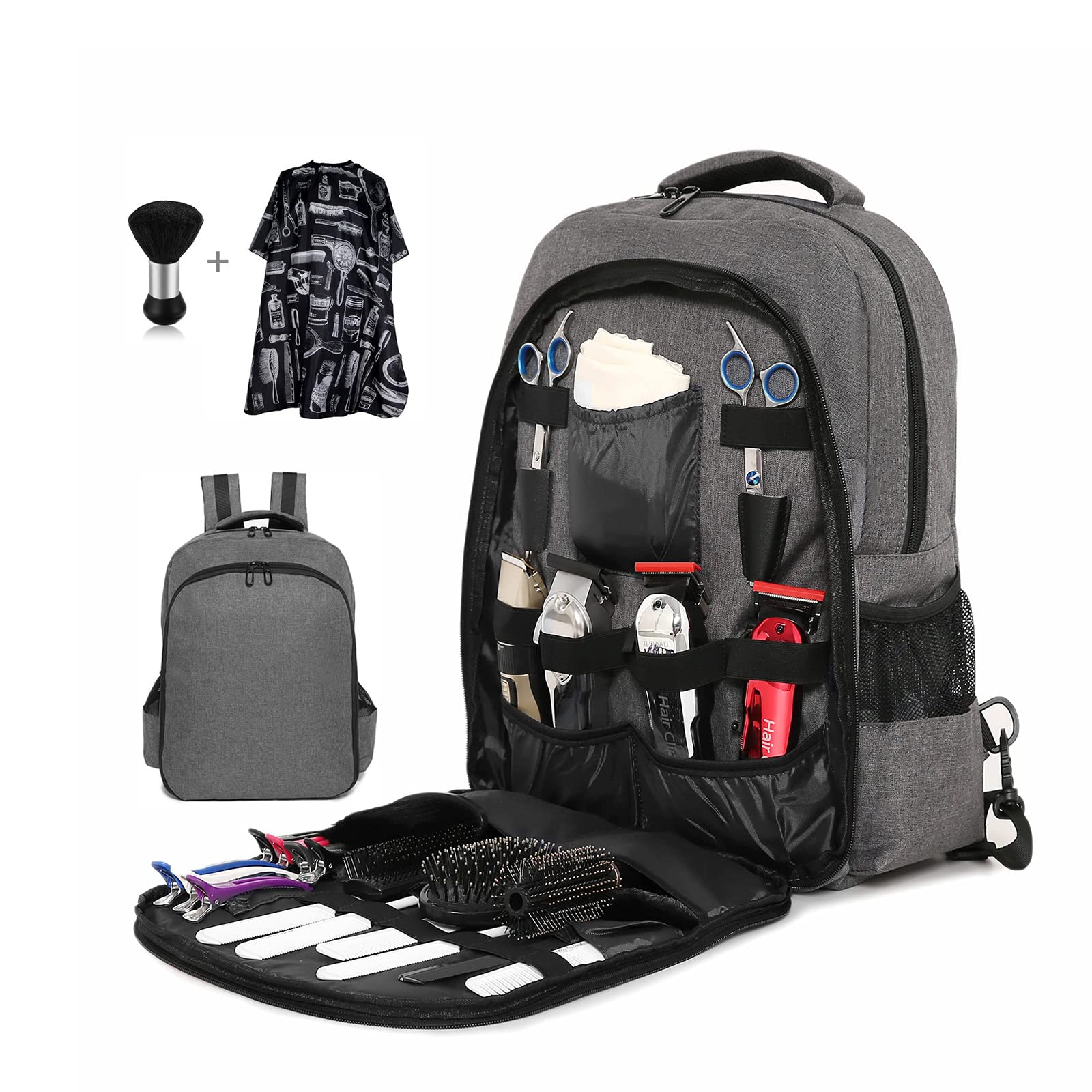 Barber Supplies Backpack with 1PCS Barber Cape&1PCS Barber Brush,Professional Hair Cutting Tools Bag,Casual Gray,Large Capacity,Three Layer,Mobile Barber Accessioes Station for Barbers