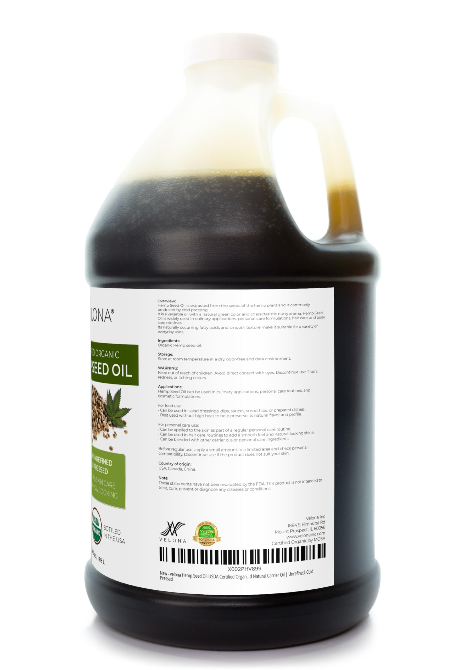 velona Hemp Seed Oil USDA Certified Organic - 64 Fl Oz | 100% Pure and Natural Carrier Oil | Unrefined, Cold Pressed | Hair, Body, Face & Skin Care