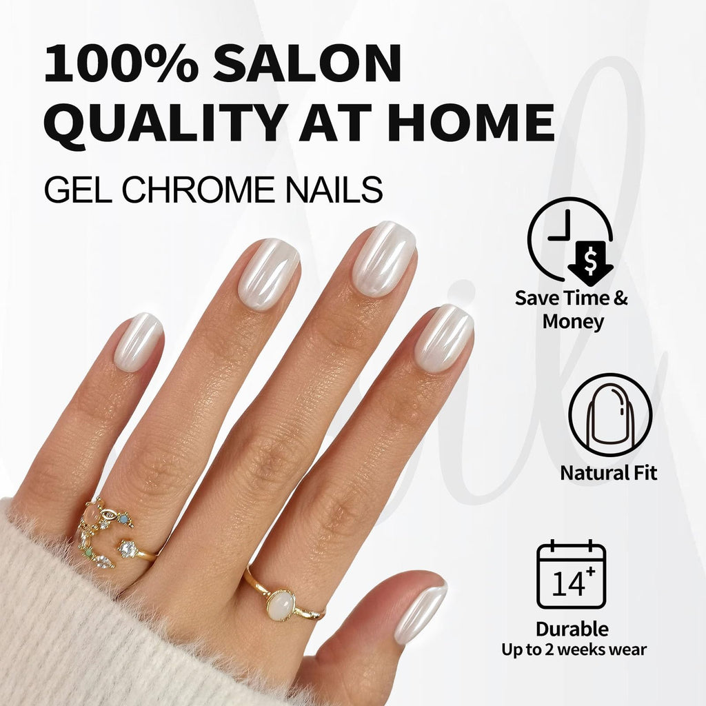 White Chrome Press on Nails Short - SHANGMENG Soft Gel Press on Nails Square for Women Gift, Fit Perfectly & Glossy Glue on Nails in 16 Sizes - 32 Reusable Fake Nails with Glue, Pearl White