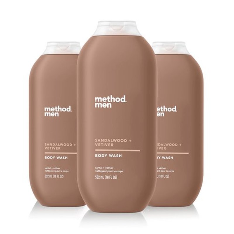 Method Men, Sandalwood + Vetiver Body Wash, 18oz (Pack of 3)