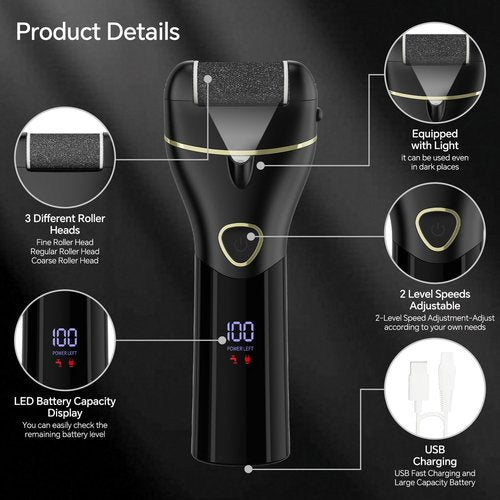 Electric Foot Callus Remover Rechargeable - 12 in 1 Pedicure Kit with 3 Rollers, Portable Foot File Scrubber for Dead Skin Removal, Waterproof & Painless, Home Foot Care Tool (Black)