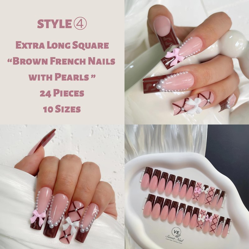 VESWEET Extra Long Square Press on Nails – 4 Boxes Fake Nail Set with 3D Designs | False Nail Tips for Women | Glue on Nail Art Kit | Gift for Her