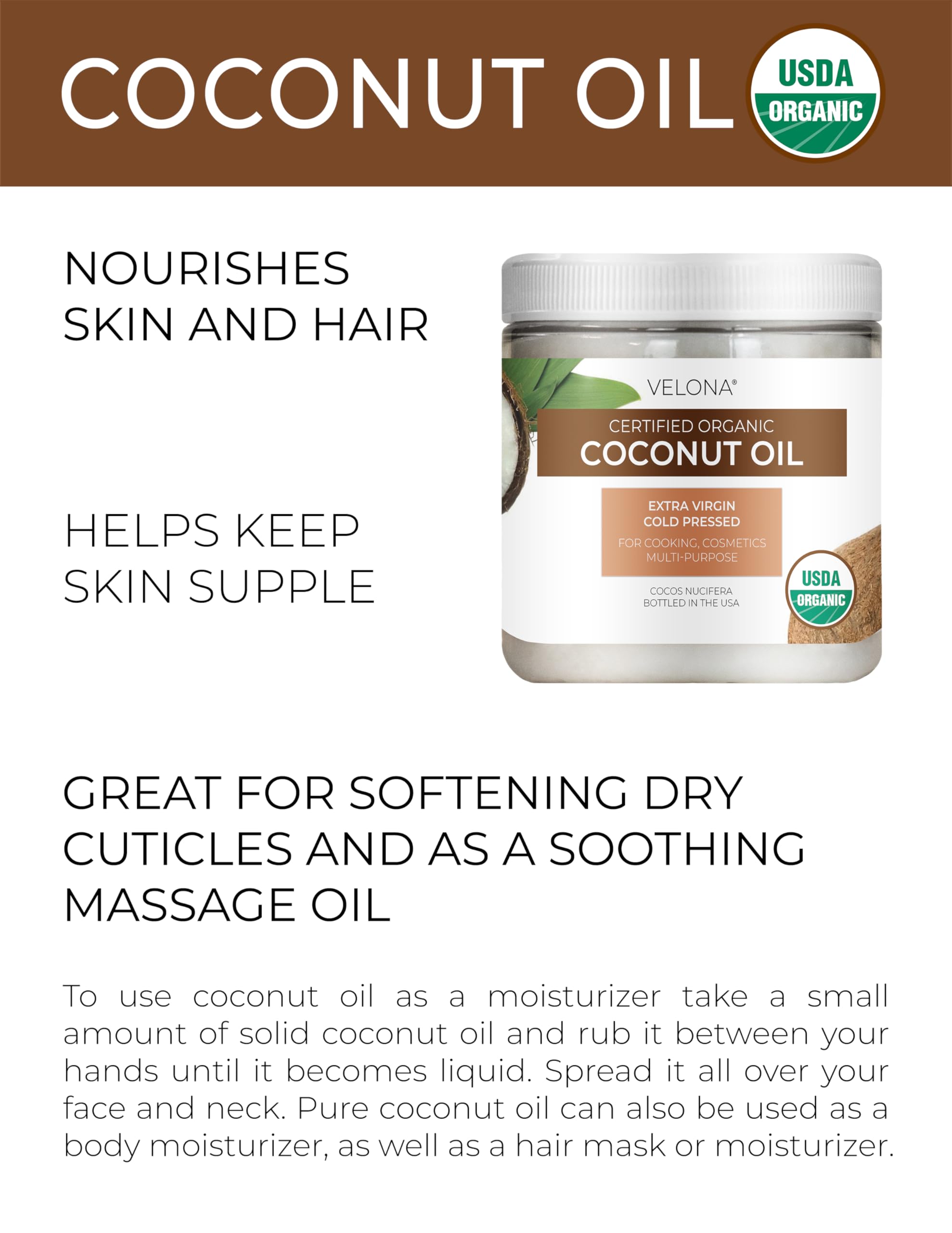 Velona USDA Certified Organic Coconut Oil Extra Virgin - 8 fl oz | Food and Cosmetic Grade | in jar | Extra Virgin, Cold Pressed