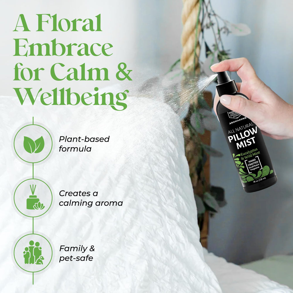 Aromasong Eucalyptus & Wild Mint Pillow Spray - All Natural Calming Linen & Bedtime Mist for Deep Sleep - Aromatherapy Essential Oils for Sleeping