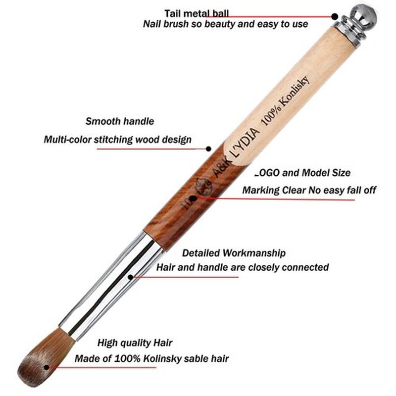 A&K LYDIA Acrylic Nail Brush for acrylic application Manicure crystal Powder Pedicure-2pcs Konlisky Sable hair Acrylic Nails Oval Nail Art Liner Brush With Stitching color Wooden handle