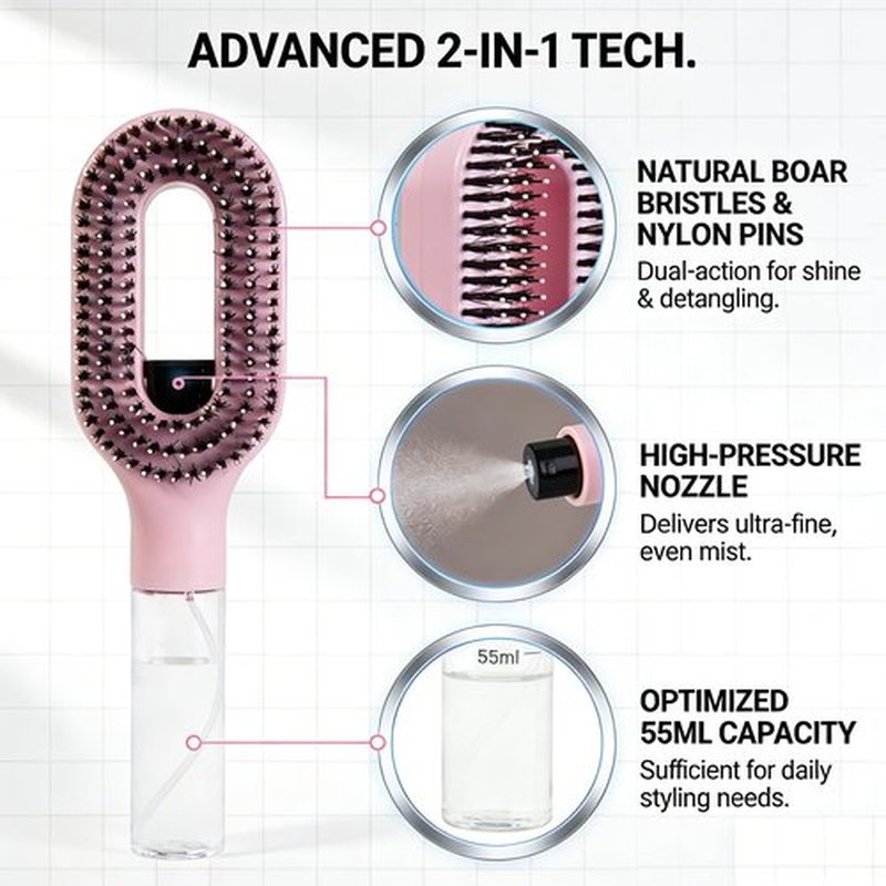 Hair Brush with Water Spray Mister - 2-in-1 Detangling Brush with Built-in Fine Mist, Portable Wet & Dry Styling Tool for Smooth, Frizz-Free Hair - Quick Refresh for Women & Girls On-The-Go(2pcs pink)