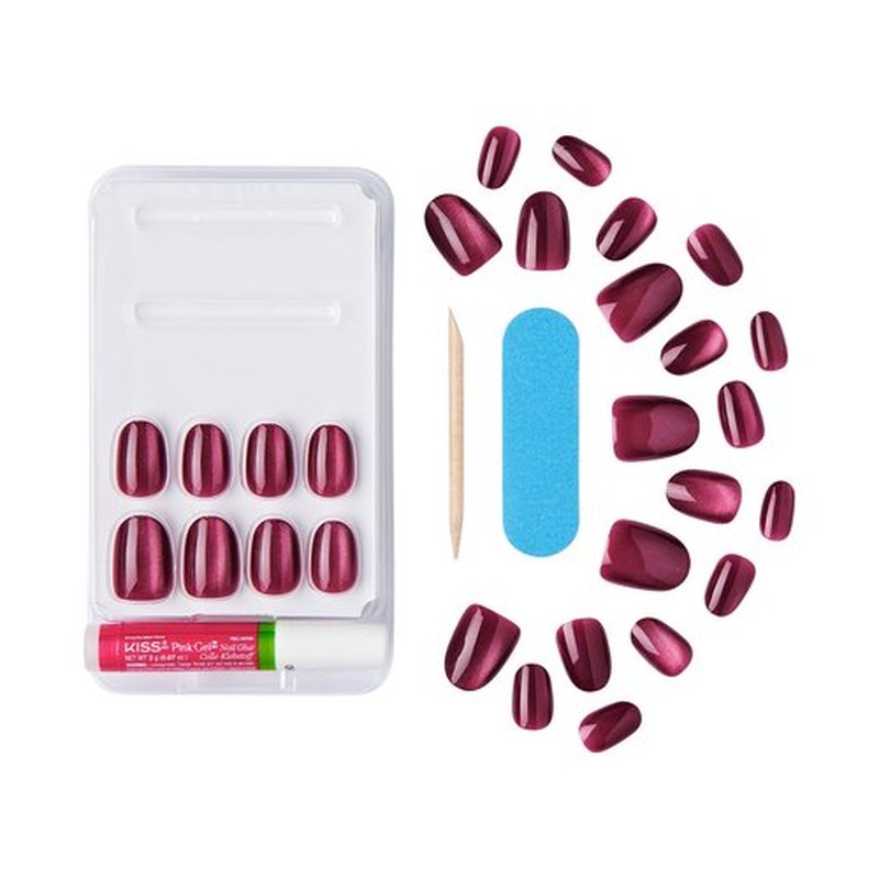 KISS Gel Fantasy Magnetic Press On Nails Short, ‘Set Us Free’, Red, Oval Shaped, Includes 28 Fake Nails, Nail Glue 2g, 1 Manicure Stick, 1 Mini Nail File