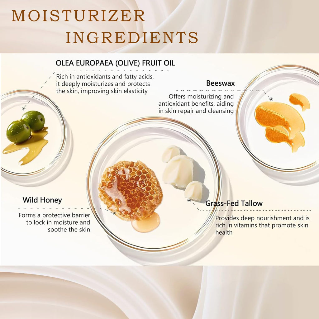 Beef Tallow for Skin - Organic Grass Fed Whipped Moisturizer with Honey Balm, Natural Hydrating Cream for Face & Body, Relief for Dry & Sensitive Skin