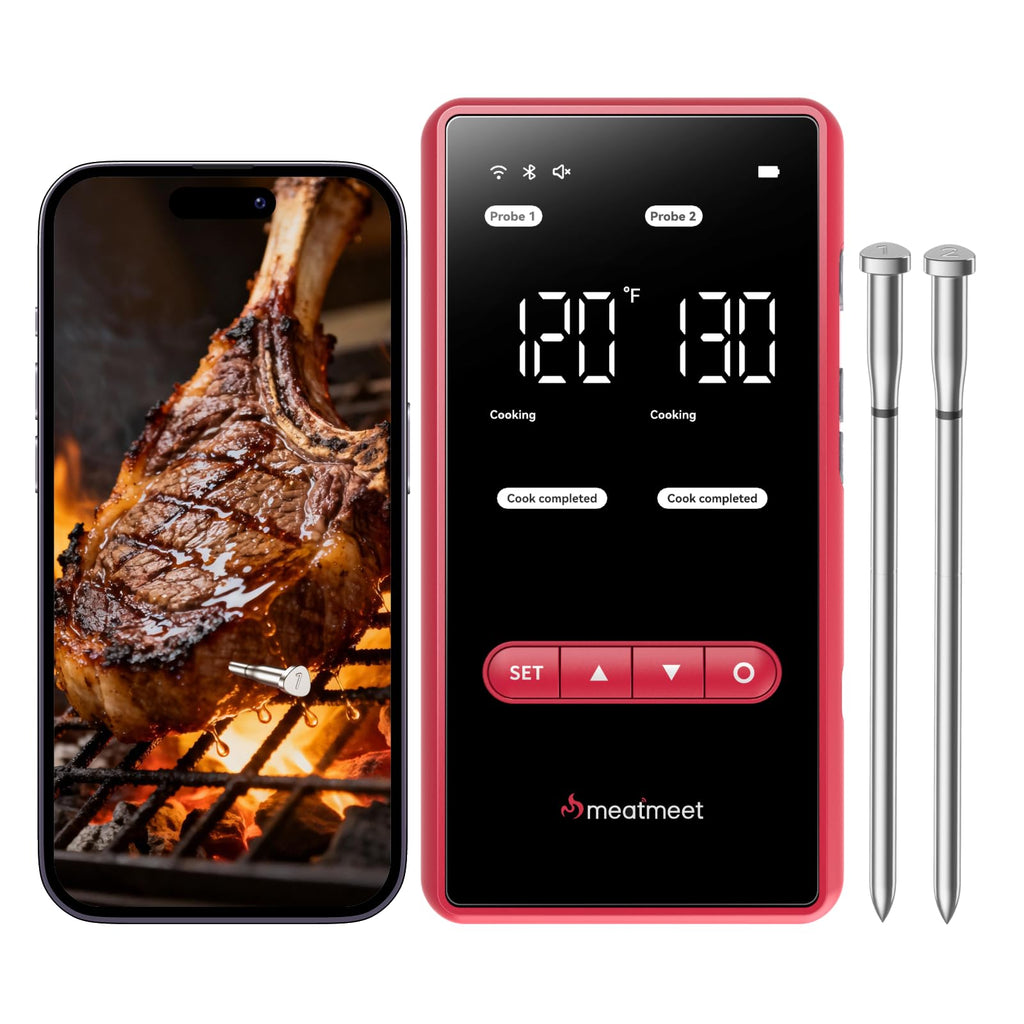 Meatmeet Wireless Bluetooth Meat Thermometer Digital, Standalone Base, WiFi Unlimited Range, AI guided cooking, 6 Sensors with ± 0.18°F Accuracy, 2 Probes for Kitchen, BBQ, Grill, Oven, Smoker (X Pro)