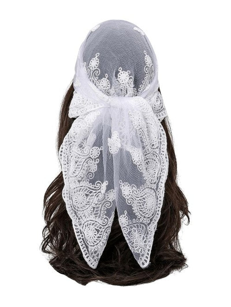 Floerns Women's Flower Embroidery Hair Scarf Headband Sheer Lace Hair Bandana White One-Size