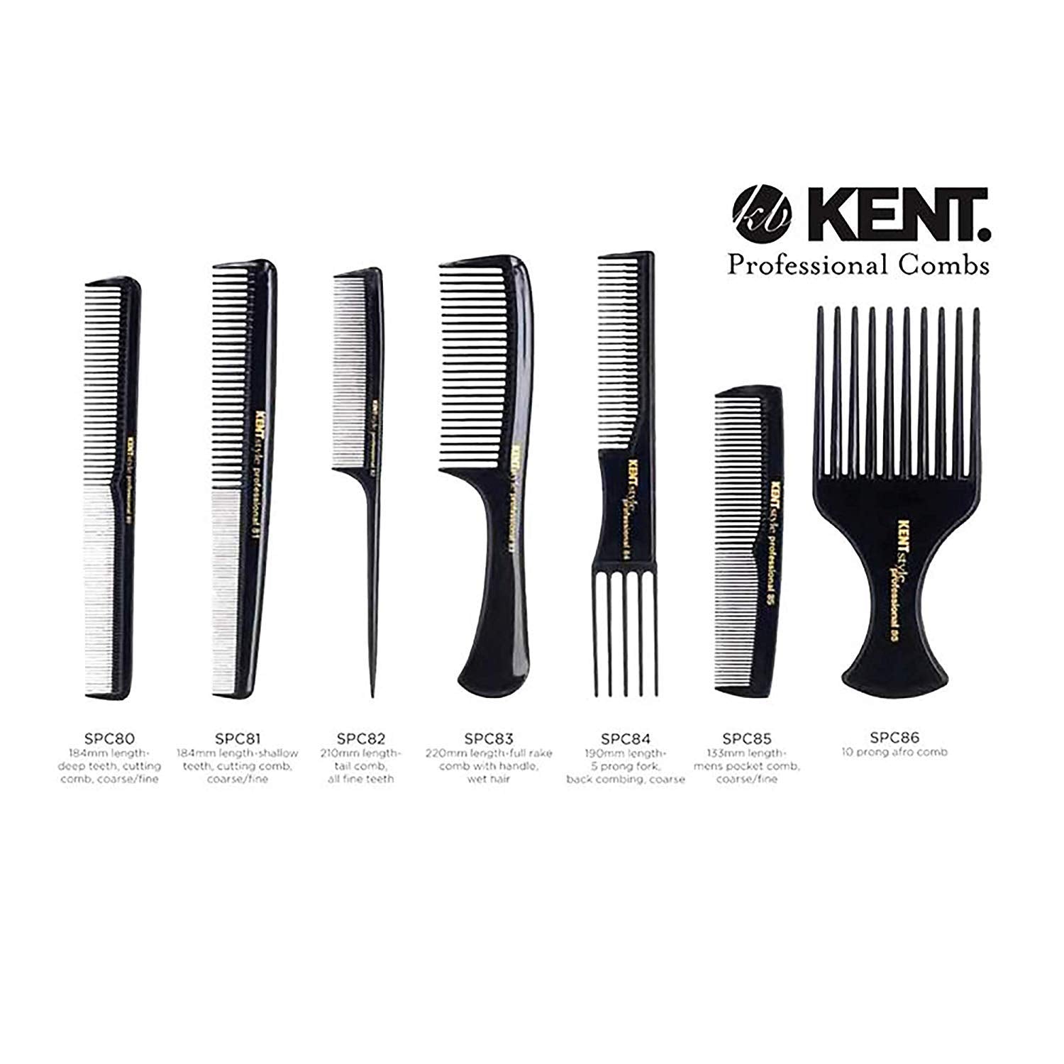 Kent SPC86 Black Salon-Style Professional Pick and Barber Comb - Afro Parting Comb for the Care of Curly and Thick Hair - Sleek style comb,Anti-Fatigue with a Rubberized Professional Finish