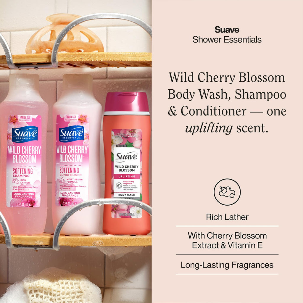 Suave Body Wash 2-Pack + Nourishing Shampoo & Conditioner, Wild Cherry Blossom – Gentle Body Care & Hair Care Set with Vitamin E, Cruelty Free (4 Piece Set)