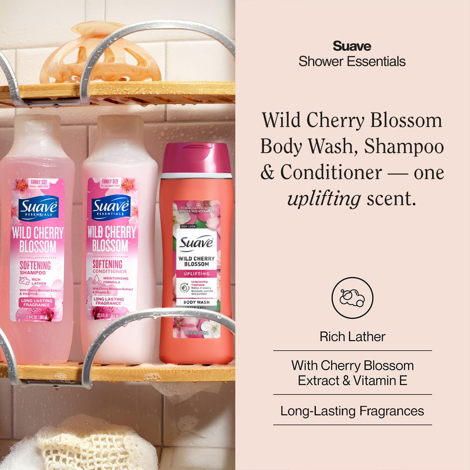 Suave Body Wash 2-Pack + Nourishing Shampoo & Conditioner, Wild Cherry Blossom – Gentle Body Care & Hair Care Set with Vitamin E, Cruelty Free (4 Piece Set)