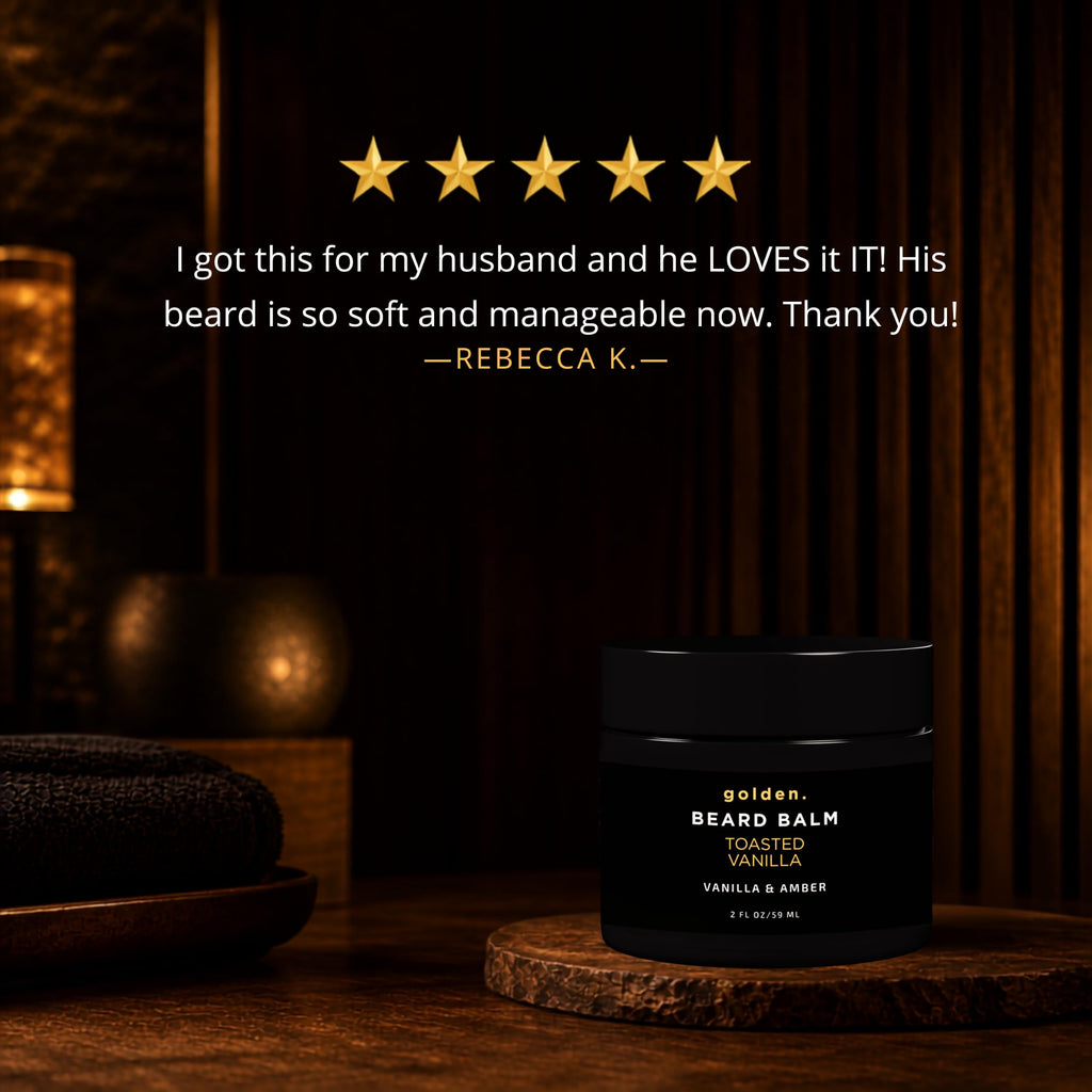 Golden Grooming Beard Balm - Tames Flyaways & Promotes Thicker Growth - Natural Styling Wax with Shea & Mango Butter - Relieves Beard Itch & Dandruff - Toasted Vanilla, 2oz
