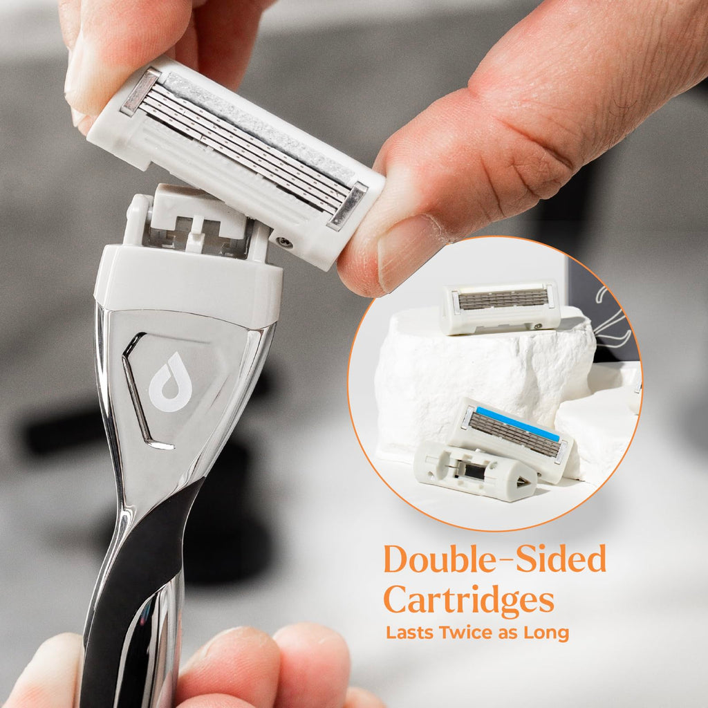 REVOLV - Men’s Razor - 1 Premium Weighted Handle + 1 Dual-Sided Cartridge + 1 Stand - For a Closer, Smoother Shave - Safe on Sensitive Skin - Grey