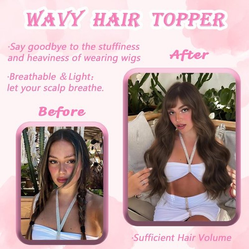 Hair Toppers for Women, 20 Inch Hand Tied Breathable Toppers Hair pieces for Women with Thinning Crown Middle Part Bangs Mix Human Hair Clip in Curly Lightweight Wiglets (Dark Brown, Side Bangs)