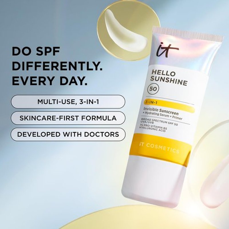 IT Cosmetics Hello Sunshine Invisible Sunscreen for Face SPF 50 - Sunscreen, Hydrating Serum & Makeup Primer - 1% Pro-Vitamin B5 & Hyaluronic Acid - HSA/FSA Eligible - No White Cast - 0.5 fl oz
