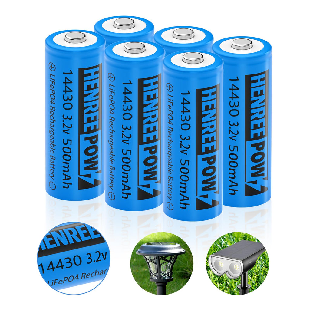Henreepow LiFePo4 Battery 14430, 3.2v Rechargeable Solar Batteries, 500mAh LiFePo4 Battery for Outdoor Solar Garden Lights, Shaver, Flashlight, Toothbrush (6pack-Not AA Size)