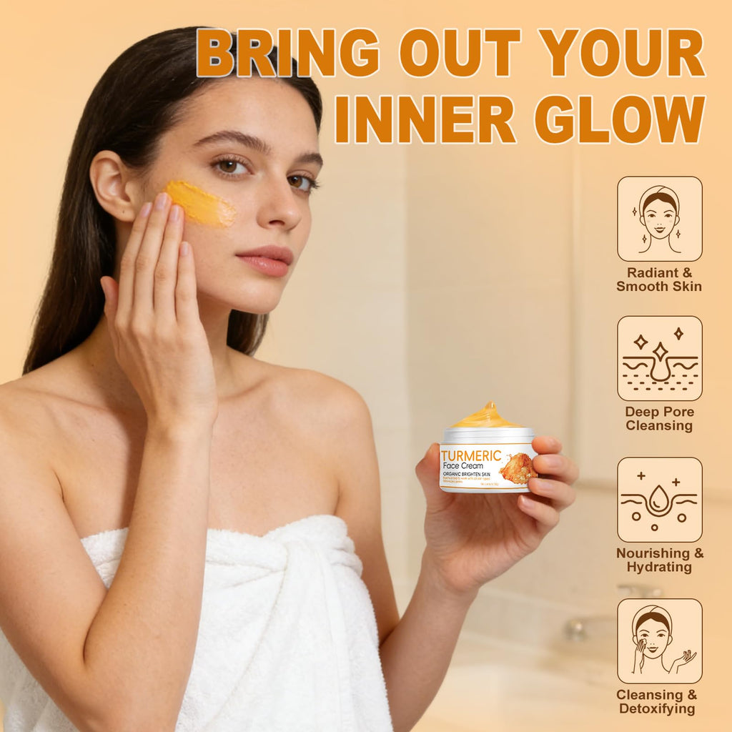 Amdele Turmeric Wash and Care Set, 4-Piece Turmeric Skincare Set:Turmeric Facial Wash with Brush,Cleansing Pad,Soap bar & Face Cream, Deep Cleansing for Face & Body