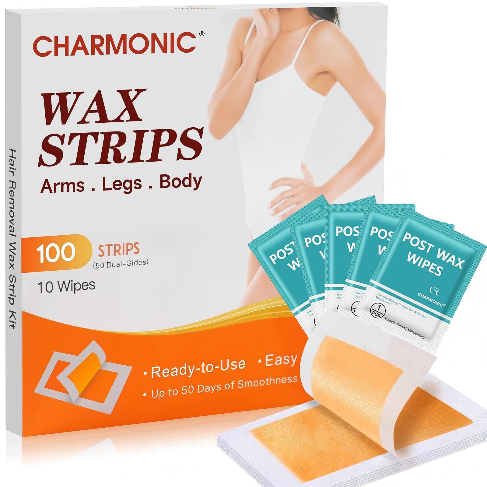 Charmonic Wax Strips 100 Count, Hair Removal Waxing Strips, Hair Remover Waxing Kit for Body & Face, At Home Waxing Kit for Eyebrow Leg Facial Bikini Hair Removal for Women