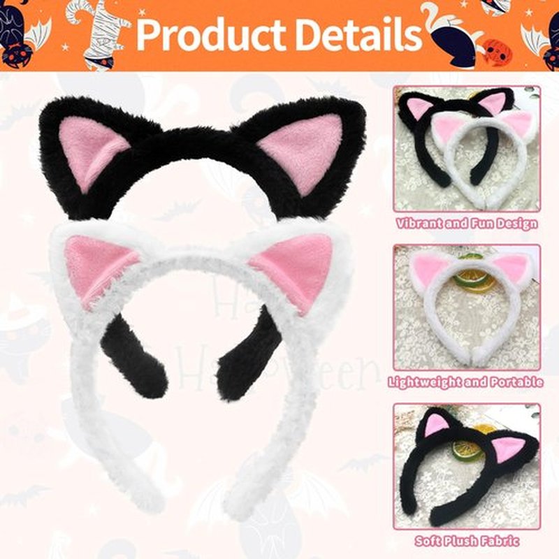 2-Pack Black and White Cat Ears Headbands - Pink Inner Ears, Fuzzy Kitten Headwear, Hair Accessories for Adults Kids, Spa, Skin Care, Plush Makeup, Halloween, Cosplay, and Animal-Themed Party Supplies