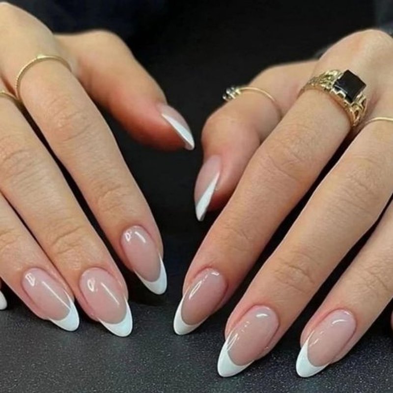 LUKEKI Press On Nails Almond French Tip, Glue On Nails for Women Gift, Supremely Fit Natural Reusable Stick On Nails in 12 Sizes -24 Fake Nails Kit, White French