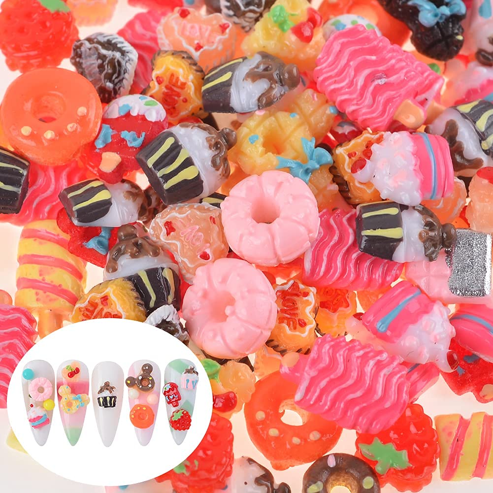 WEILUSI 100PCS Resin Kawaii Nail Charms Flat Back Fake Candy Slime Charms 3D Mixed Assorted Sweets Cake Mini Charms Rhinestones for DIY Craft Jewelry Making Nail Decoration