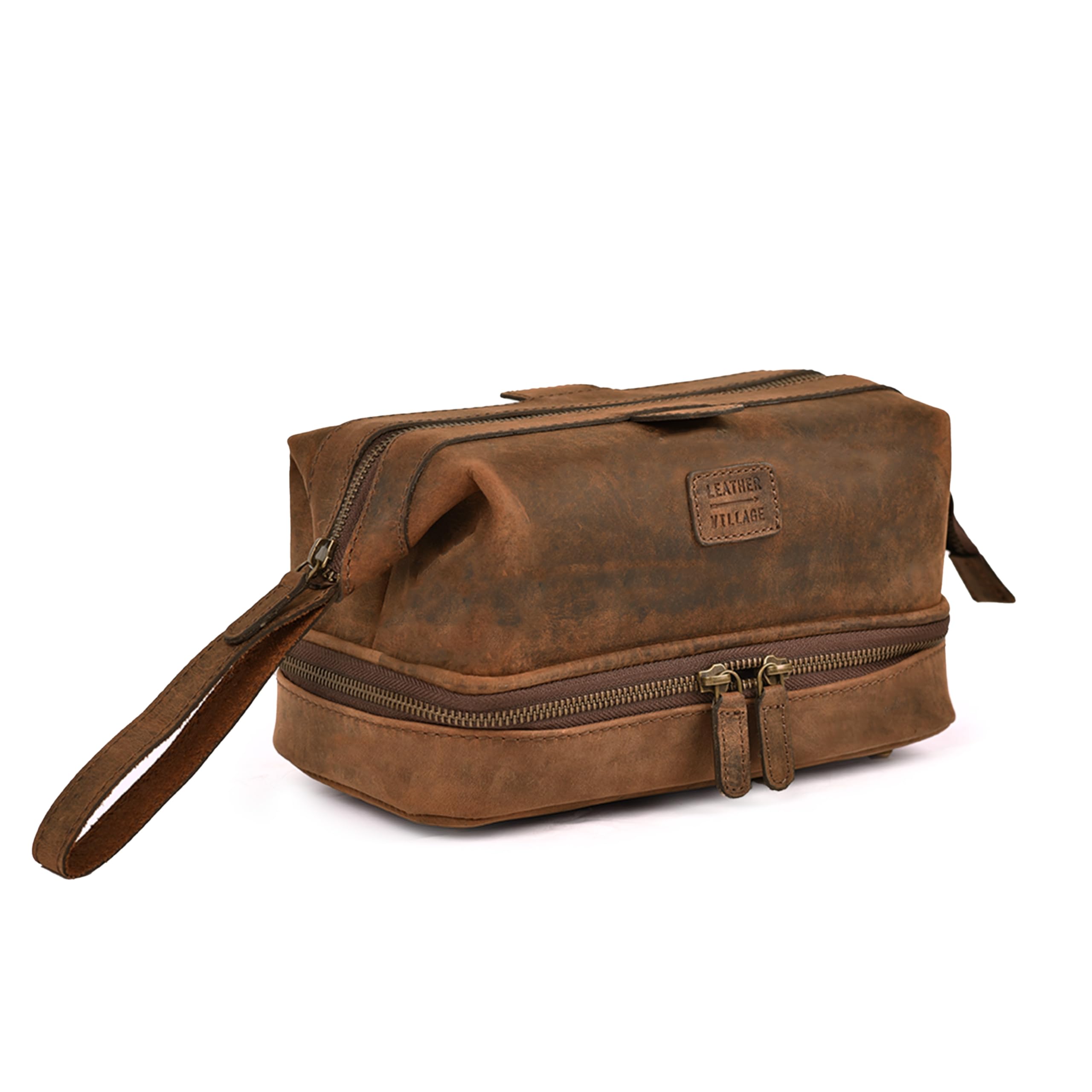 LEATHER VILLAGE Genuine Leather Dopp Kit – Large Travel Toiletry Bag with Waterproof Lining, Dual-Zip Design for Men & Women, Organizer for Shaving, Makeup & Essentials - Brown
