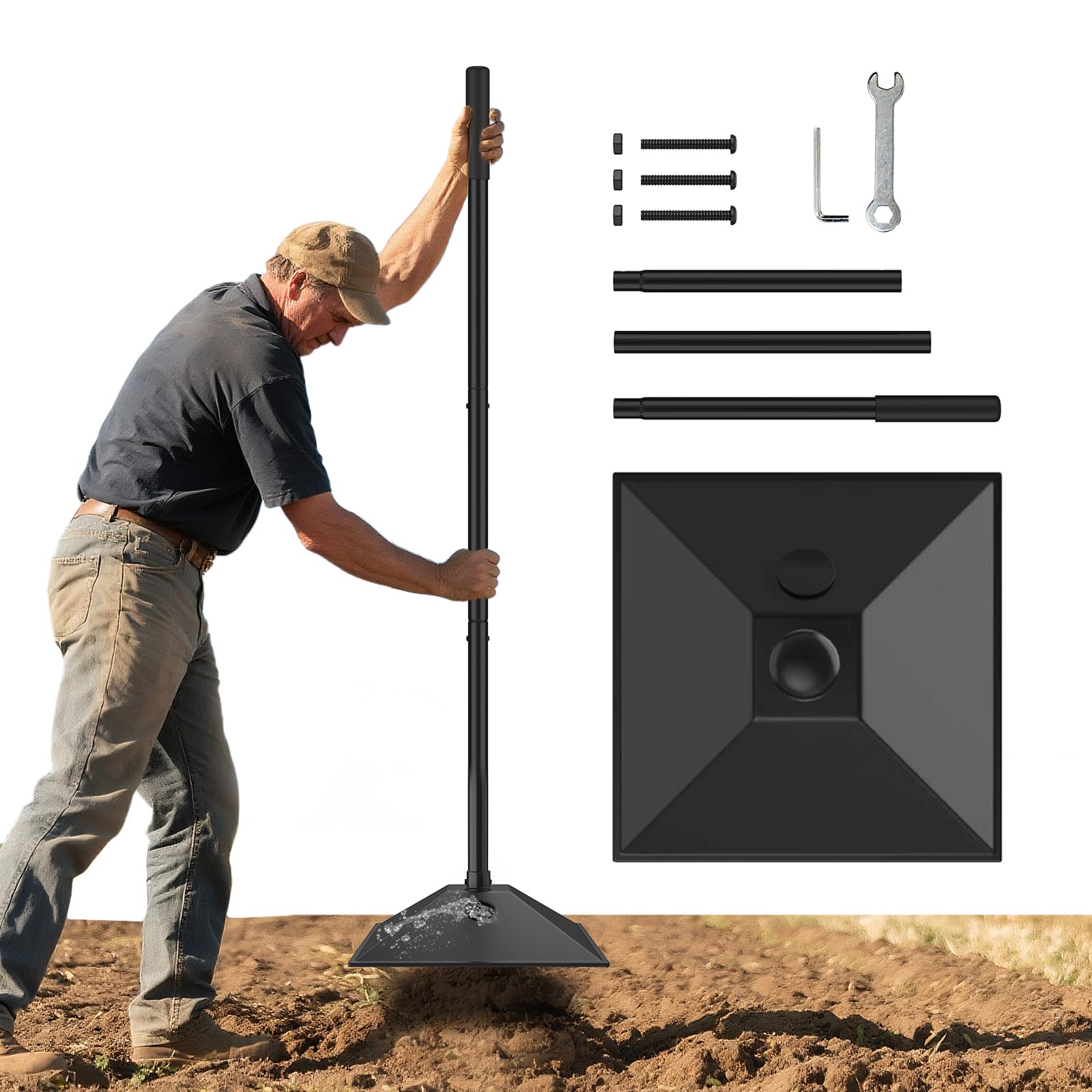 ZXFUTURE New multi purpose steel tamper with water-filled weighting and rubberized handle, 10x10in-57in, 3-section handle for compacting soil gravel asphalt and driveways, garden and landscaping tools