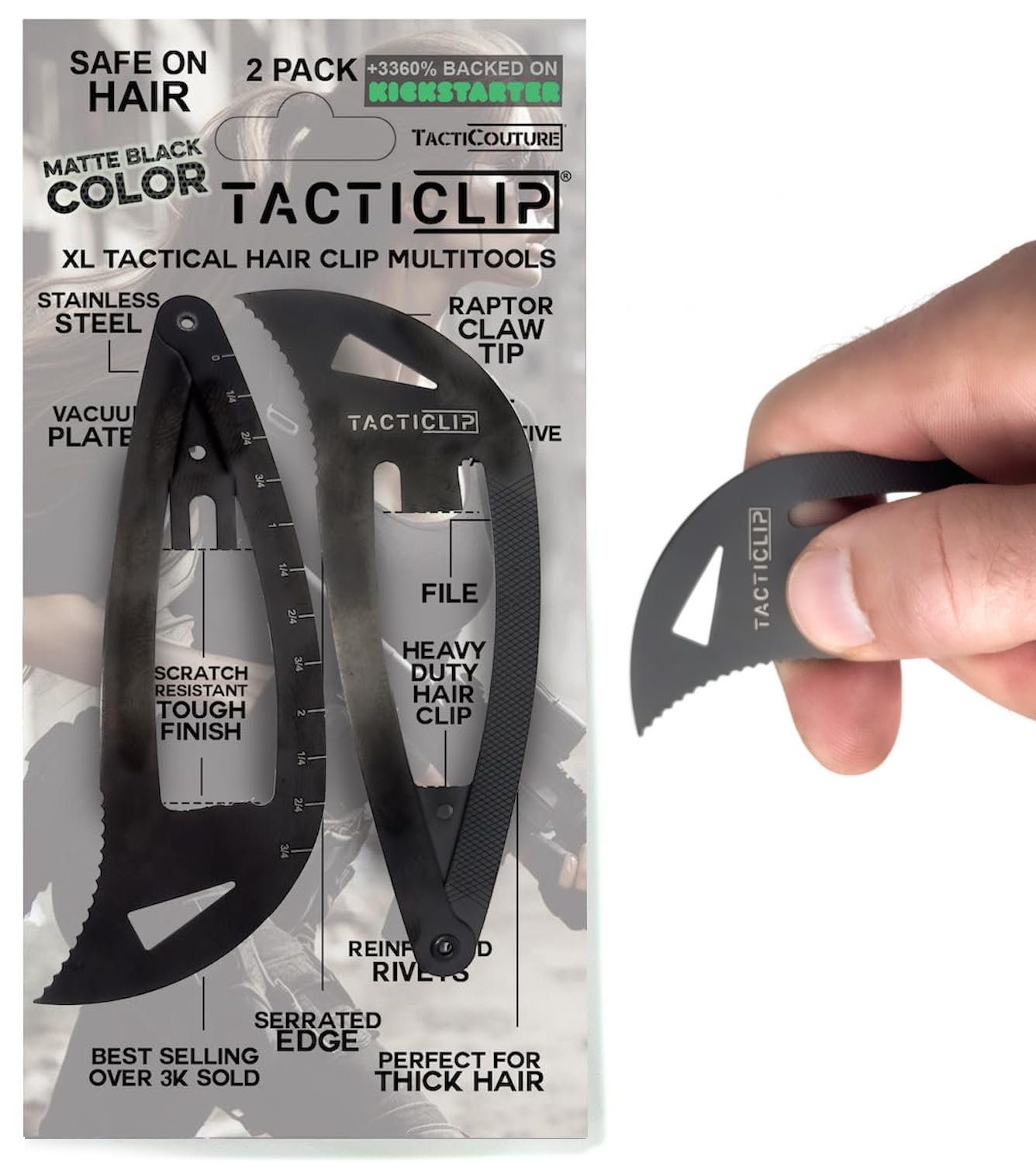 Tacticlip - XL Snap Hair Clip Multitool Barrettes for Thick Hair, Large 2 Pack, Jumbo Salon Women Accessories, Tactical Black Metal
