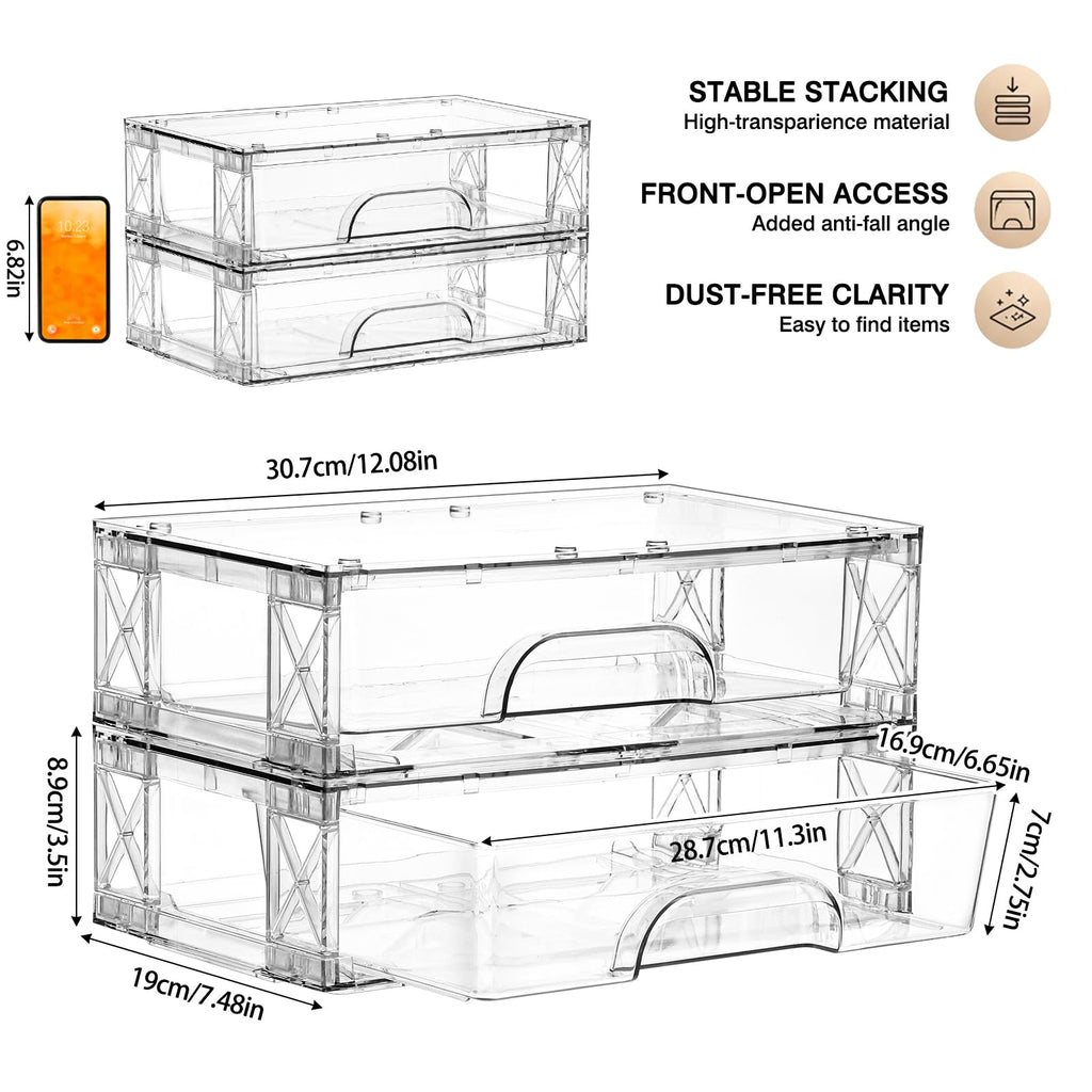 Clear Stackable Storage Drawers 2 Pack 3.5in Organizer Plastic Bins