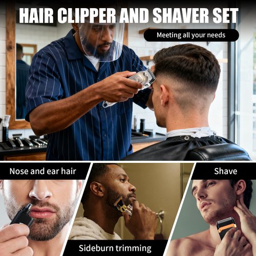 Professional Hair Clipper Set, Men's Hair Clipper, T-Shaped sideburn Trimmer, Electric Shaver,Nose Hair Trimmer,Beauty Salon kit for Hair Cutting and Shaving. (Gold)