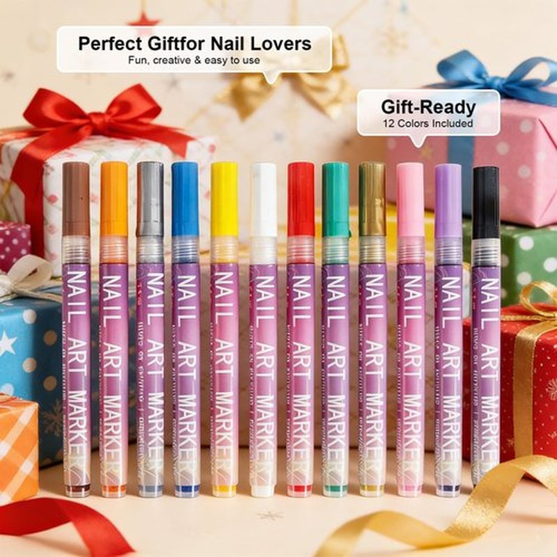 12 Colors Nail Art Markers Set: 0.5mm Fine Nail Art Pens, Waterproof & Quick-Dry Nail Polish Pens for Professional Nail Design, Dotting, Lining, Lettering, and DIY Manicure Art