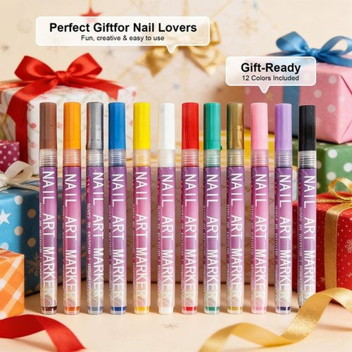 12 Colors Nail Art Markers Set: 0.5mm Fine Nail Art Pens, Waterproof & Quick-Dry Nail Polish Pens for Professional Nail Design, Dotting, Lining, Lettering, and DIY Manicure Art