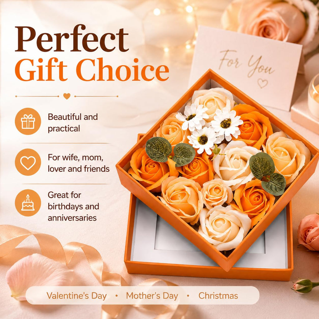 Ideal Swan Rose Bath Soap - Flower Floral Scented Rose Soap Petals in Flower Box, Transparent Window for Women Plant Essential Oil Set for Birthday Valentine’s Christmas （Orange）